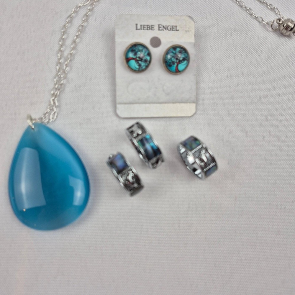Blue Boho Jewelry Lot Necklace Earrings Rings Dolphin Bear Dog Animal Set‎ - Picture 2 of 16